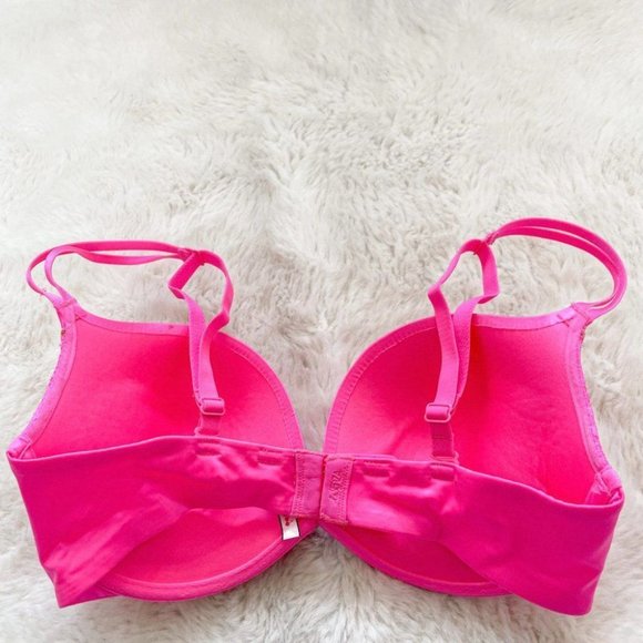 La Senza Bright Hot Pink Gold Accent Floral Lace Push Up Bra 32DD - Picture 3 of 4